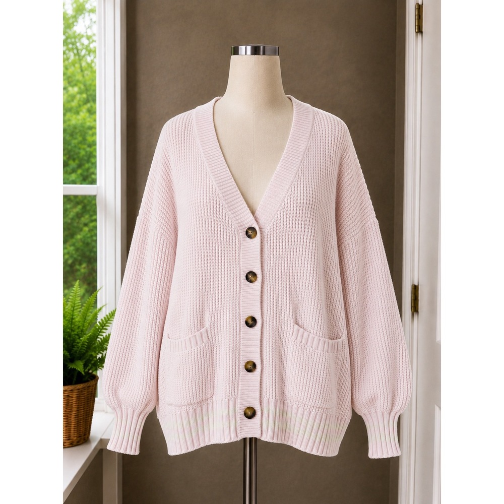KBB by Kahlana Pink Waffle Knit Oversized Button Front Cardigan Sweater Small